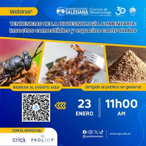 Afiche promocional del Webinar: Tendencias de la Biotecnología Alimentaria: Insectos Comestibles y Espacios Controlados